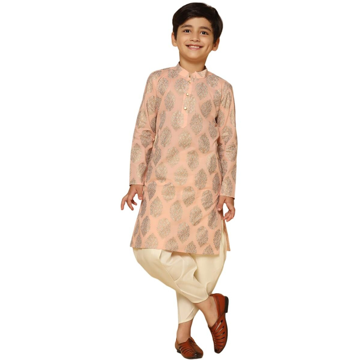 Kisah Kid's Full Sleeves Cotton Blend Knee Length Printed Peach Kurta Dhoti Set (11-12Y)