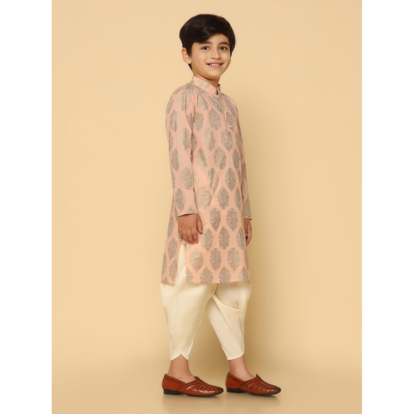 Kisah Kid's Full Sleeves Cotton Blend Knee Length Printed Peach Kurta Dhoti Set (11-12Y)