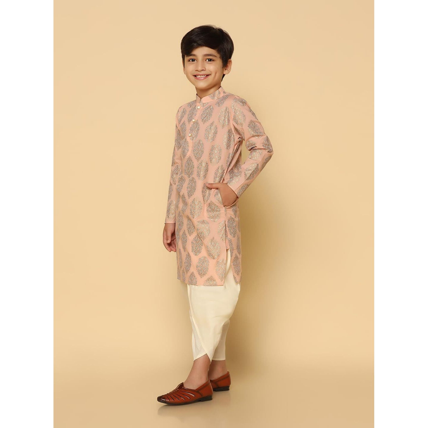 Kisah Kid's Full Sleeves Cotton Blend Knee Length Printed Peach Kurta Dhoti Set (11-12Y)