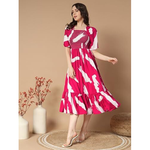 Kzully Women's Crepe A-Line Midi Dress (1001-Brush-Rani-S_RedPink