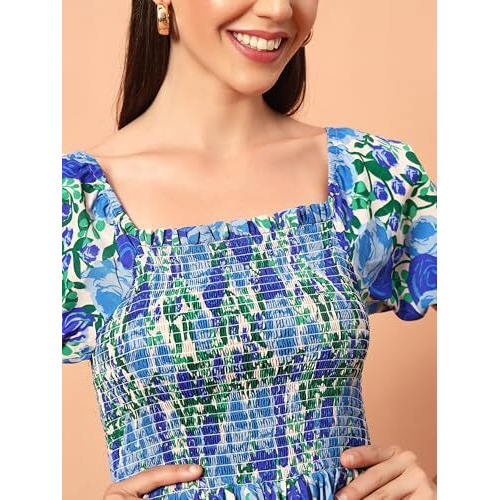 Kzully Women's Rayon Smocked Midi Dress (1003-Blue-Xxl_Blue