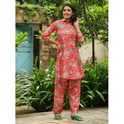 Leriya Fashion Women's Rayon Printed Regular Kurta Set (Lf-W2158&Tr1124_Red_S)