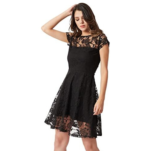 Miss Chase Women's Designer Black Round Neck Cap Sleeves Lace Solid Embellished Mini Skater Dress With Zip Closure(Mcaw18D10-94-62-03, Black, Small)