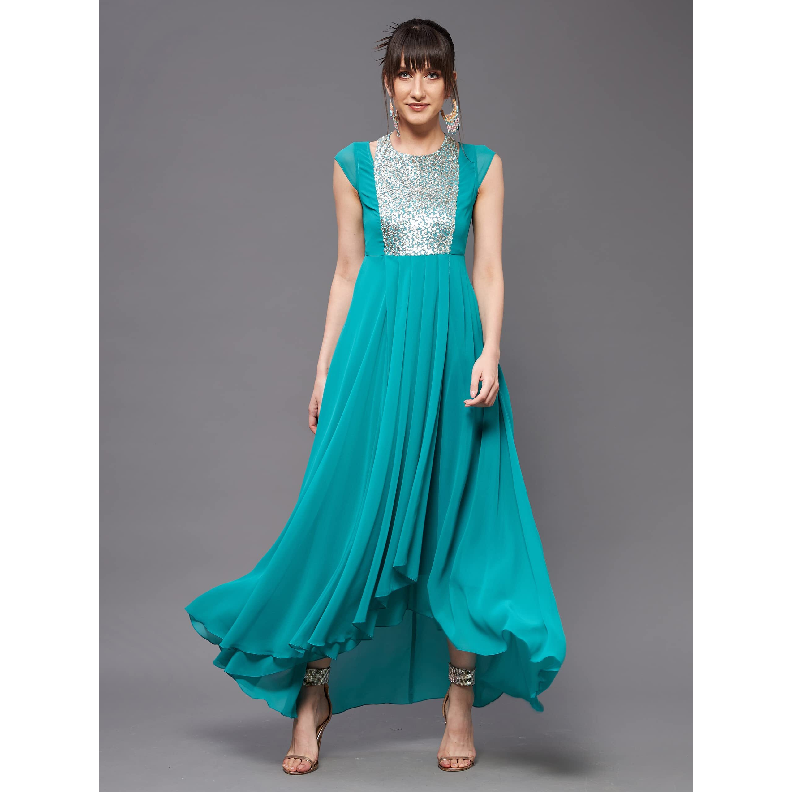 Miss Chase Women's Turquoise Halter Neck Cap Sleeve Embellished Pleated Maxi Dress (Mcaw21D06-12-33-03, Turquoise, S)