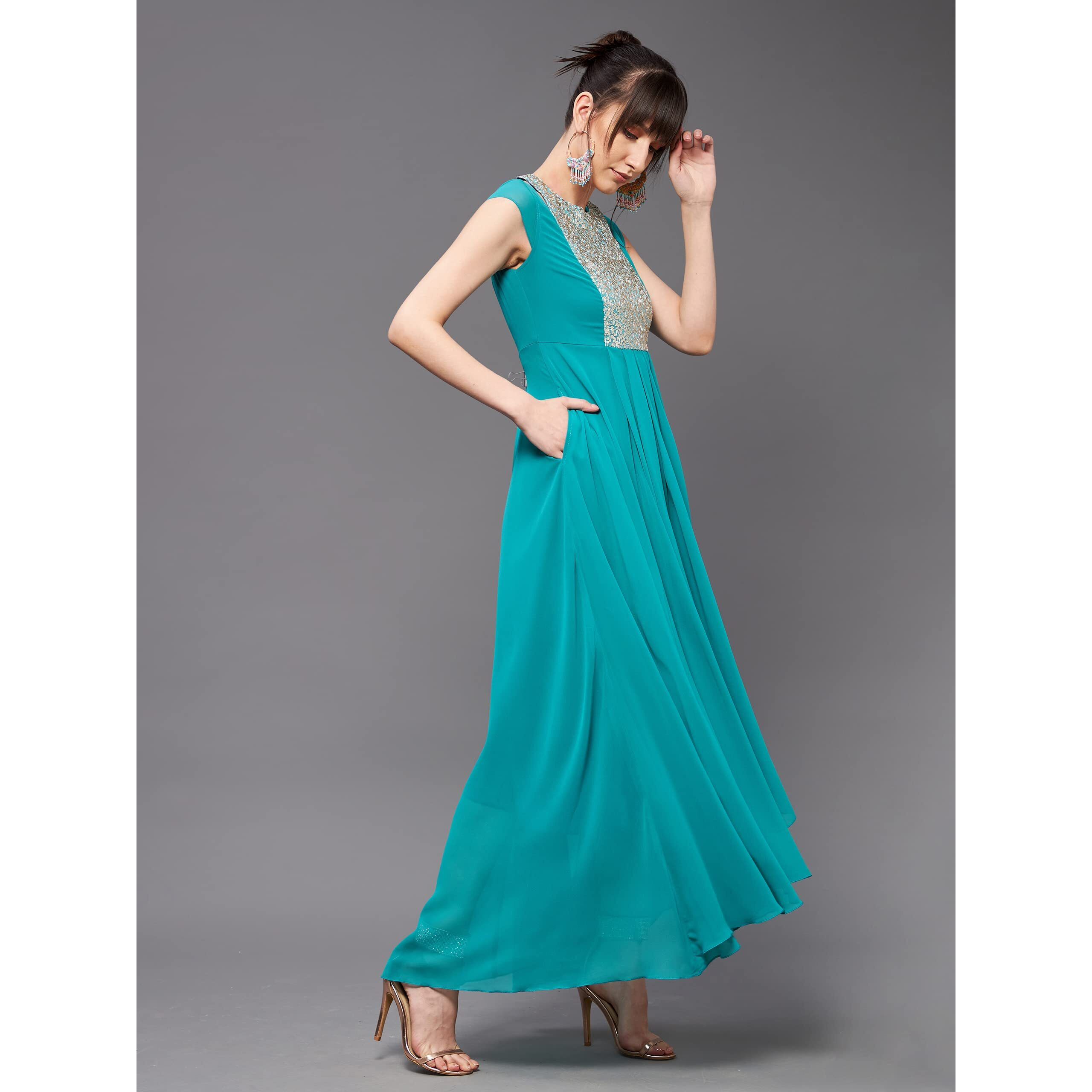 Miss Chase Women's Turquoise Halter Neck Cap Sleeve Embellished Pleated Maxi Dress (Mcaw21D06-12-33-03, Turquoise, S)