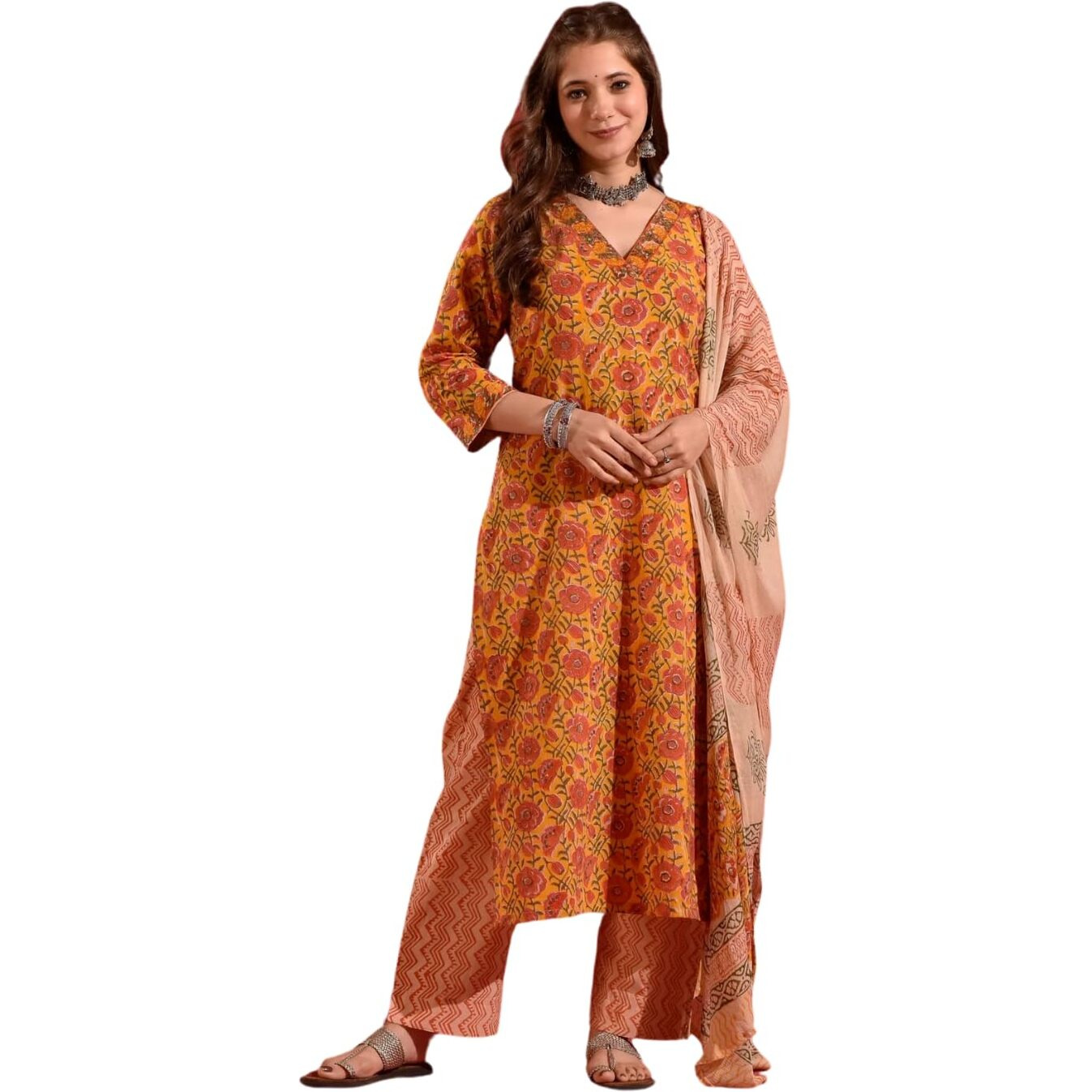 Nainvish Women's Rayon Printed Straight V-Neck Kurta Pant With Dupatta (Sd689_Kbd-Xl_Yellow)