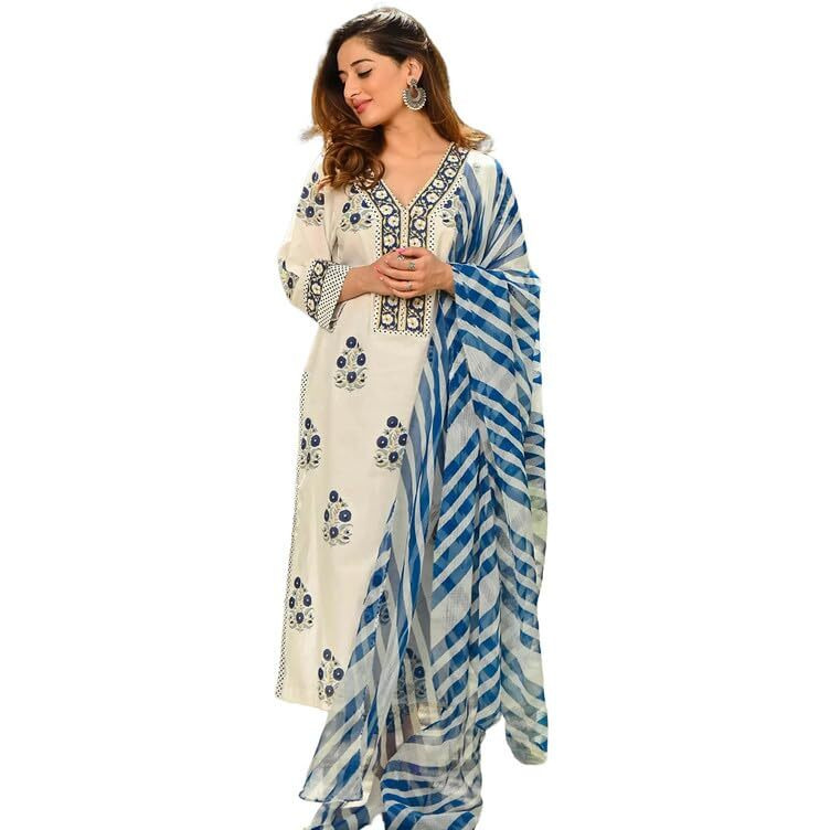 Pinkmint Women Kurta Set Printed V Neck Stright Kurta & Bottom With Dupatta Set