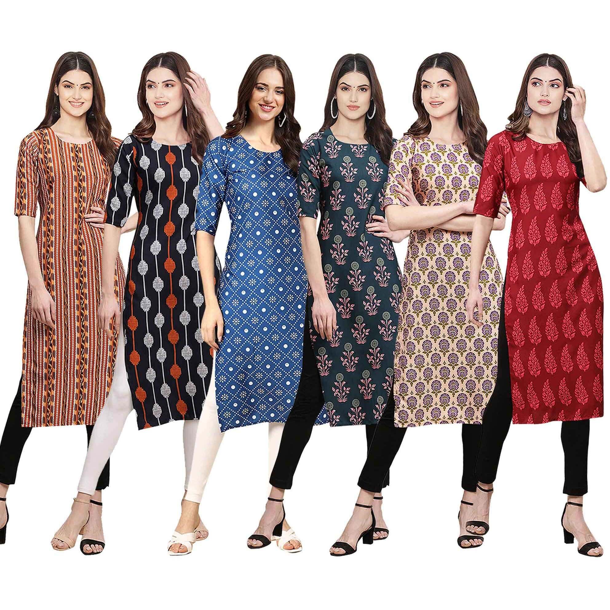 Pinkmint Women's Crepe Digital Print Straight Kurta [Pack Of 6] (Cke-344-330-353-335-332-337-Xl)