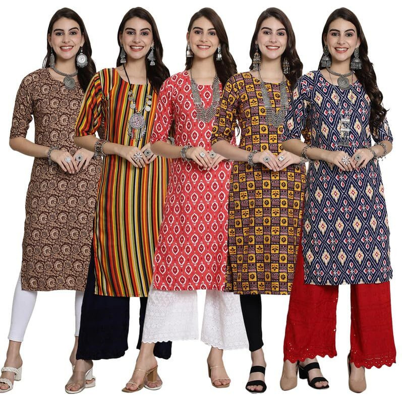 Pinkmint Women's Crepe Kurti For Women's Ethnic Printed Kurti For Women's (Pack Of 5)