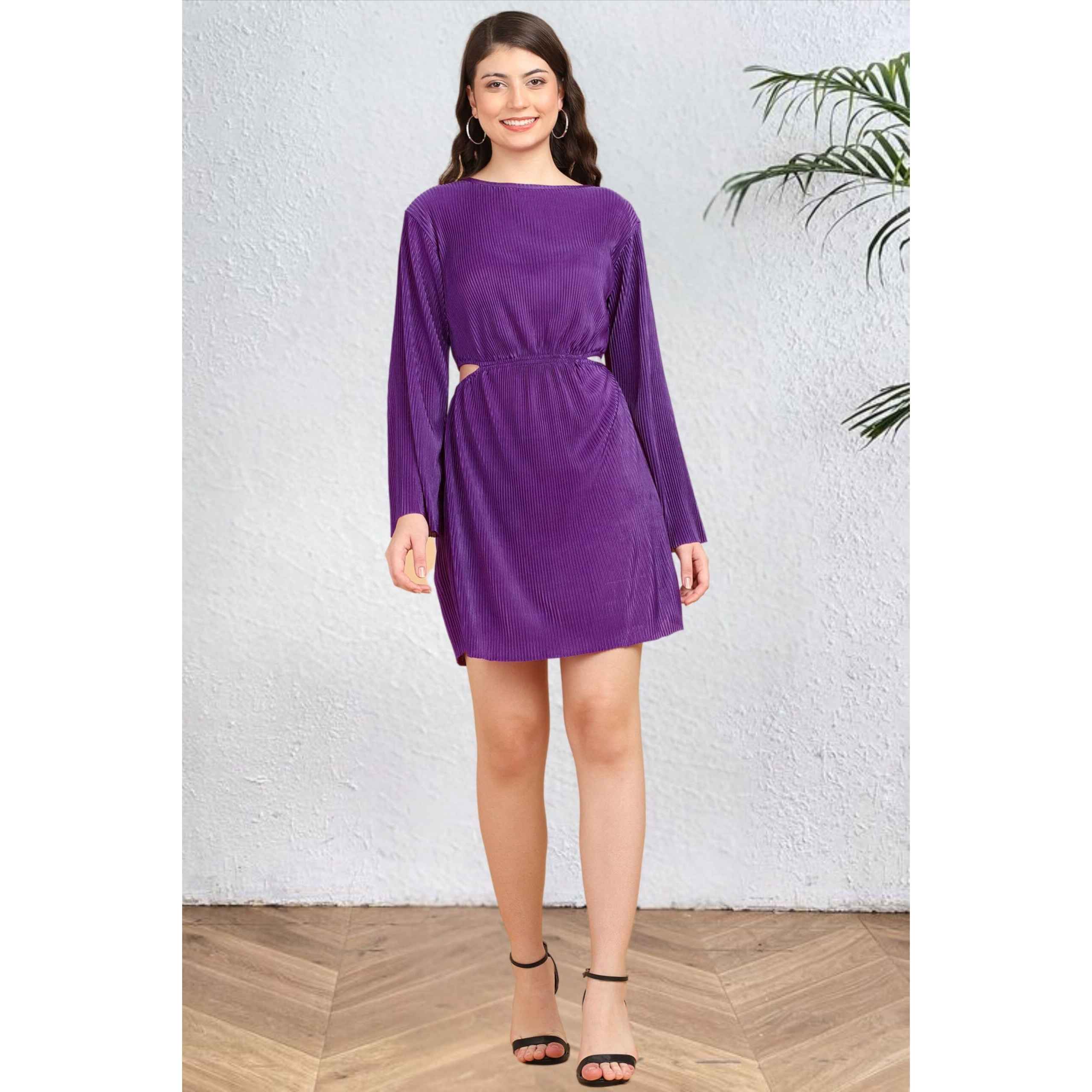 Popwings Casual Wrinkle Cutout Mini Dress For Women | Women Round Neck Dress | Women Knee Length Dress | Full Sleeve Dress For Women Purple