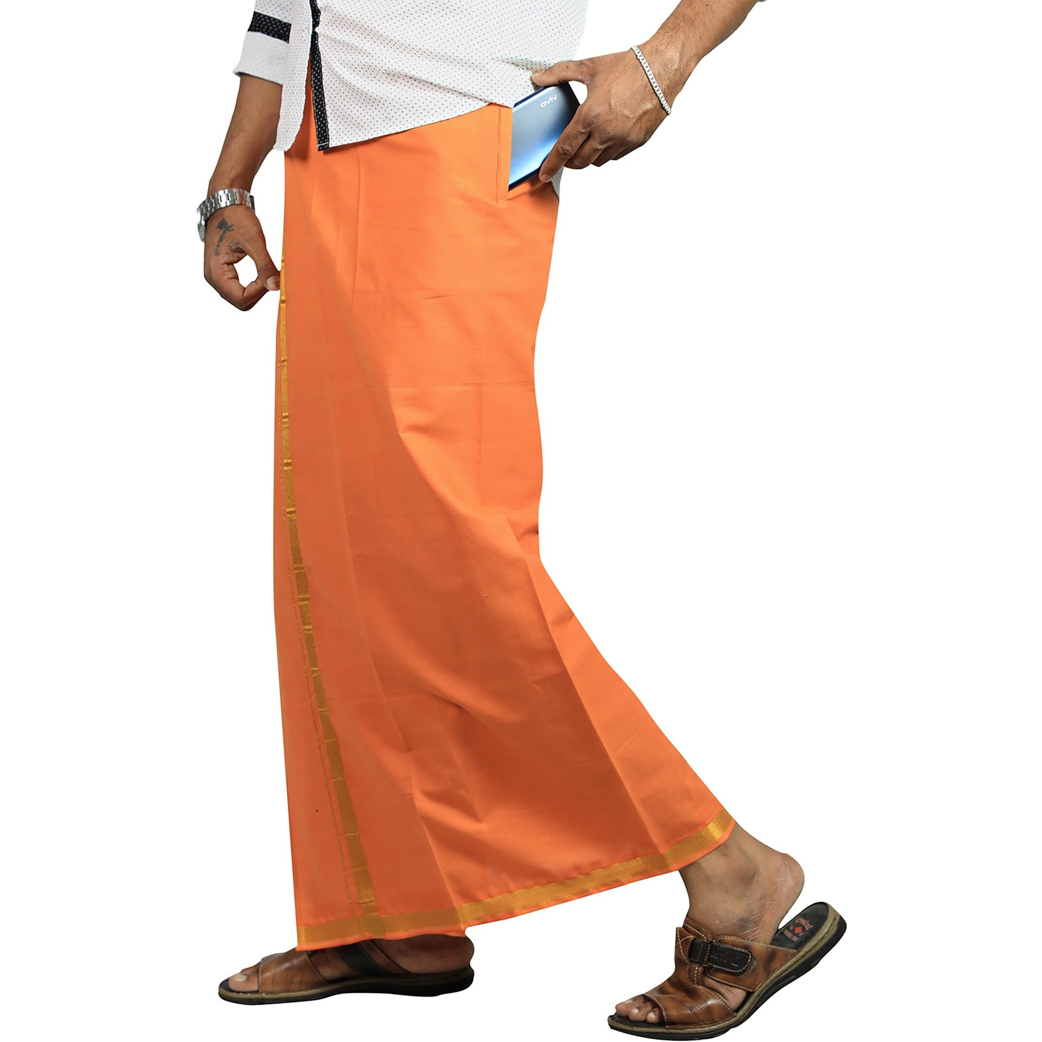 Prakasam Cotton Mens Kavi Colour Jari Cotton Flexi Size Welcro Pocket Dhoti (Jari-Kavi) - Medium