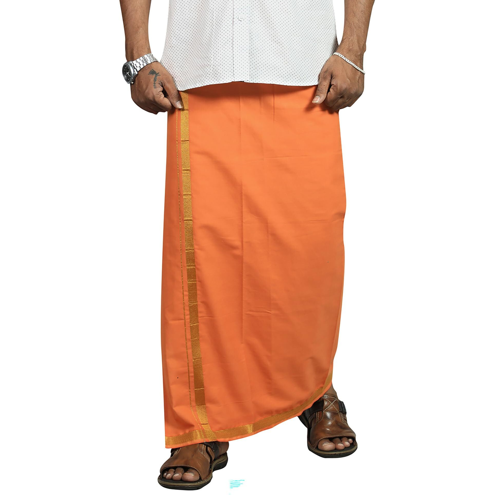 Prakasam Cotton Mens Kavi Colour Jari Cotton Flexi Size Welcro Pocket Dhoti (Jari-Kavi) - Medium