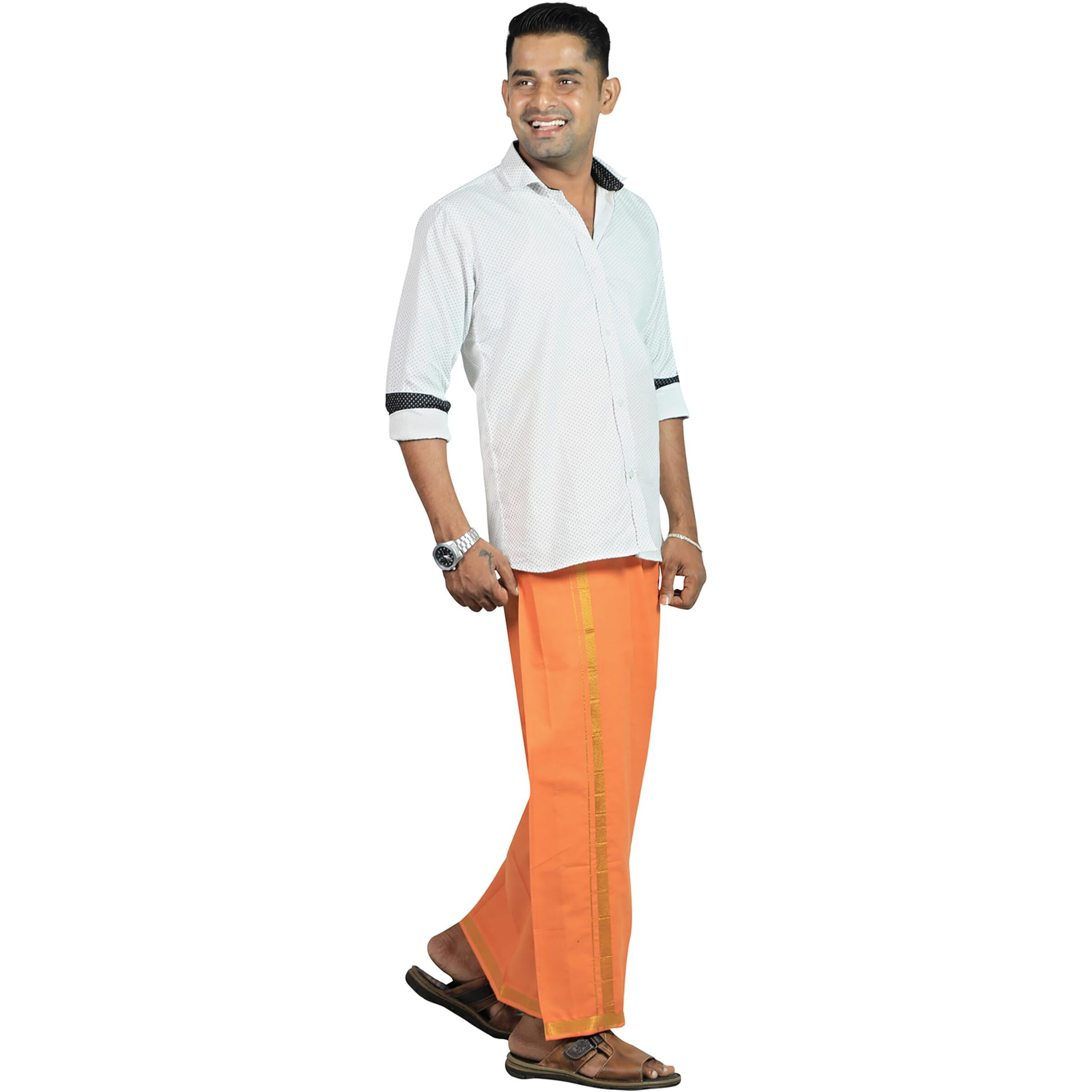 Prakasam Cotton Mens Kavi Colour Jari Cotton Flexi Size Welcro Pocket Dhoti (Jari-Kavi) - Medium