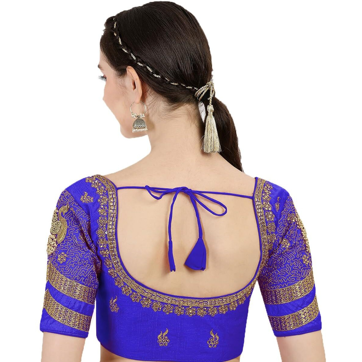 Pujia Mills Women's Silk Heavy Embroidery Peacock Khatli Work With Stone Work Readymade Blouse