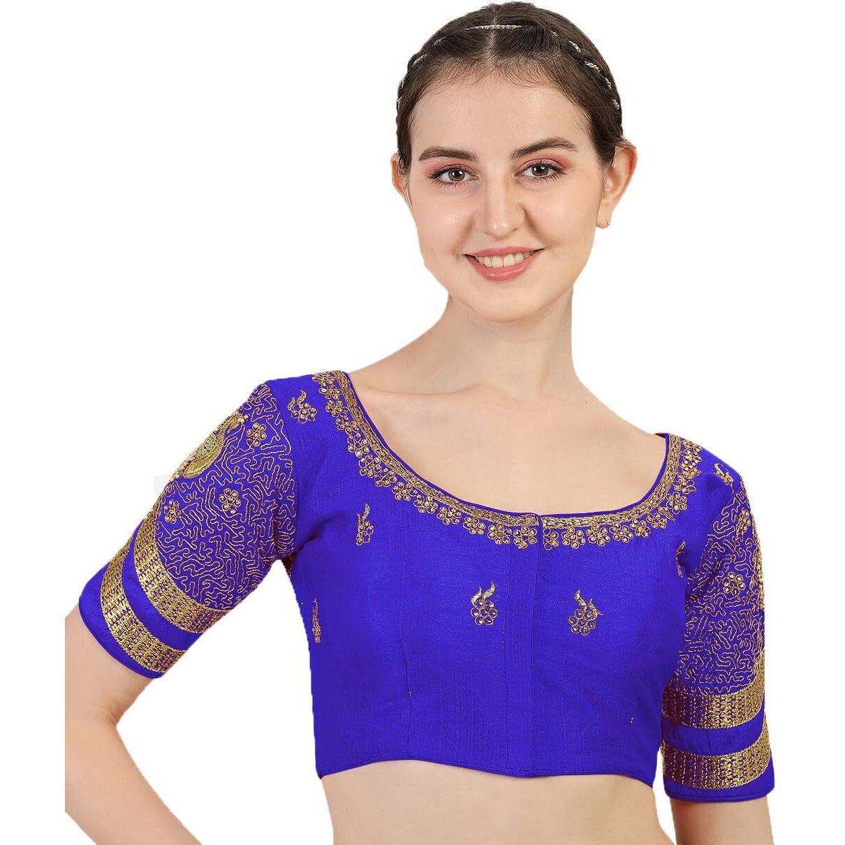 Pujia Mills Women's Silk Heavy Embroidery Peacock Khatli Work With Stone Work Readymade Blouse