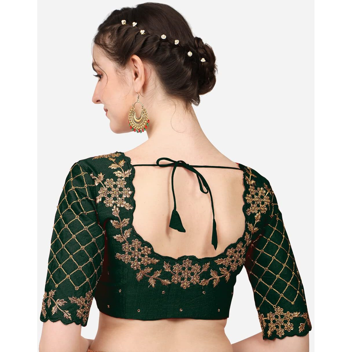 Pujia Mills Women's Indian Ethnic Wear Designer Gold Zari Embroidery With Sequence Work V Neck Sleeveless Readymade Back Side Worked Saree Blouse