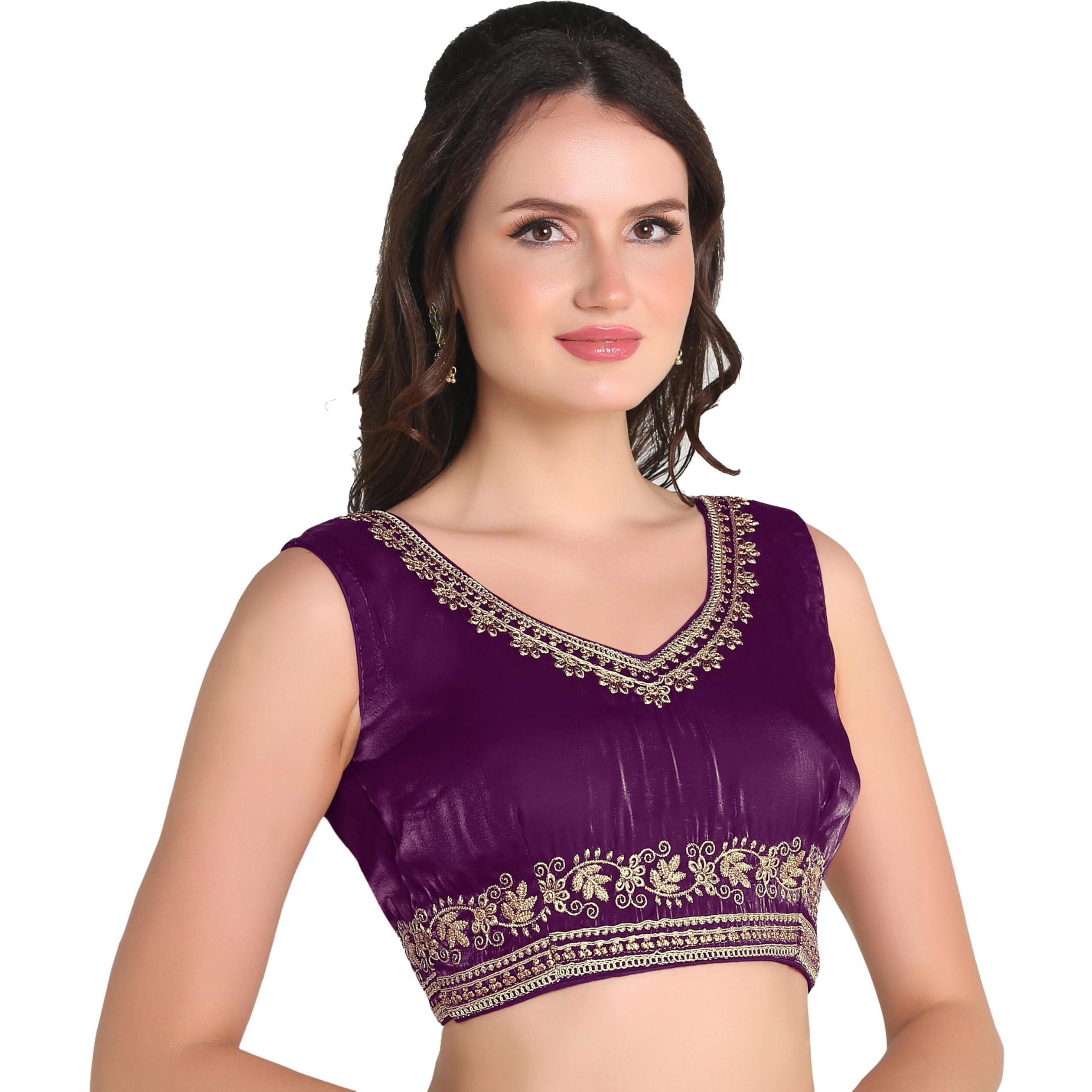 Pujia Mills Women's Sequin Embroidered V Neck Sleeveless Readymade Saree Blouse Indian Ethnic Designer Stitched Readymade Saree Blouse Sleeveless Blouse Readymade Blouse For Women (Wine, 34)