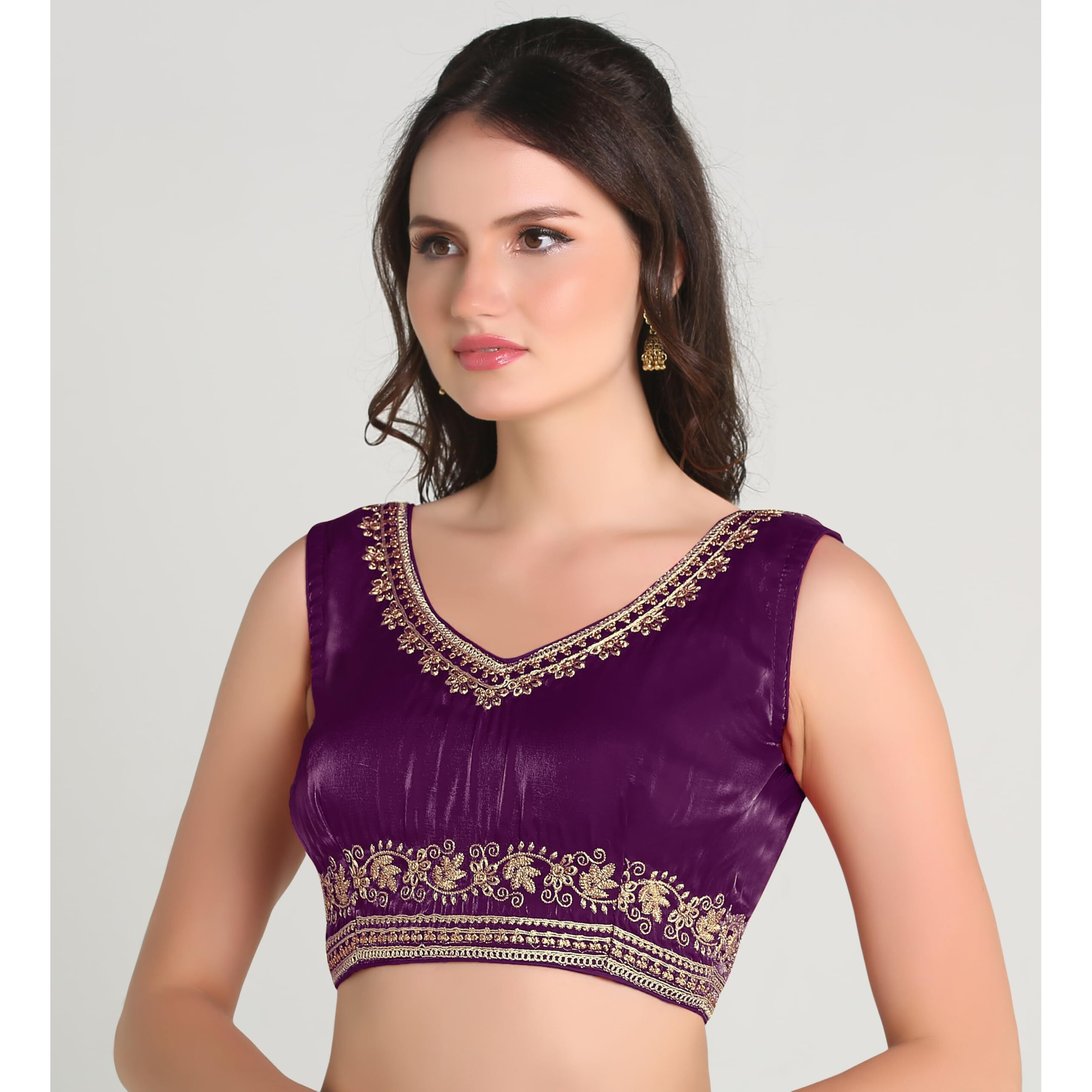 Pujia Mills Women's Sequin Embroidered V Neck Sleeveless Readymade Saree Blouse Indian Ethnic Designer Stitched Readymade Saree Blouse Sleeveless Blouse Readymade Blouse For Women (Wine, 34)