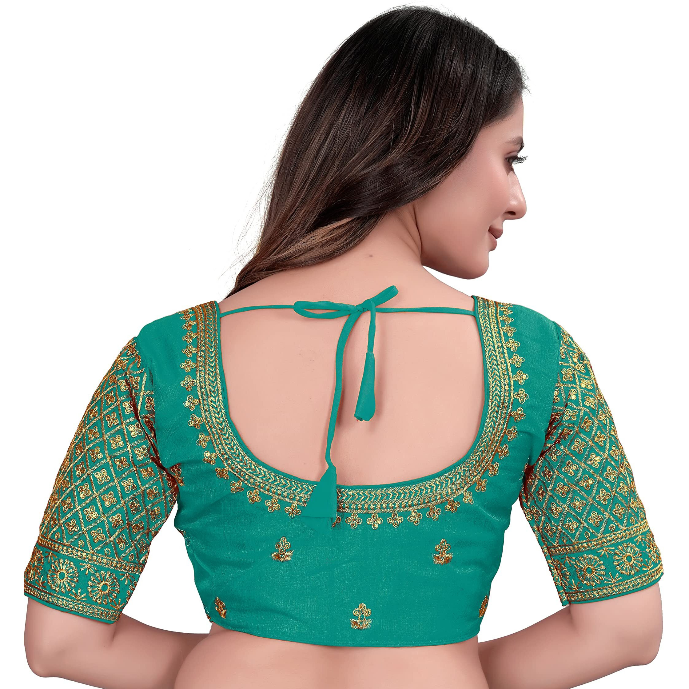 Pujia Mills Milan Silk Golden Zari Embroidery Work Elbow Length Saree Blouse (Sigma Rama 38)