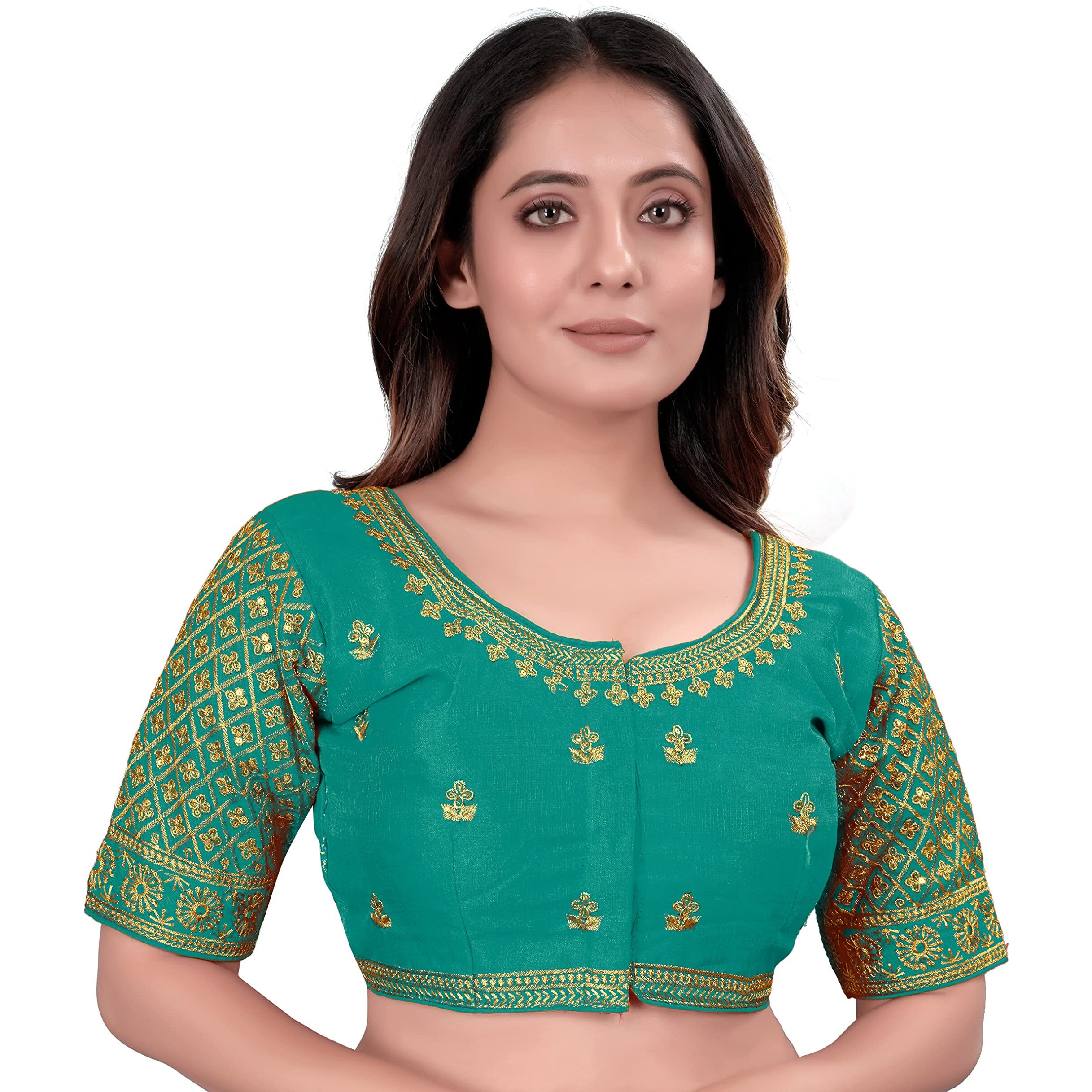 Pujia Mills Milan Silk Golden Zari Embroidery Work Elbow Length Saree Blouse (Sigma Rama 38)
