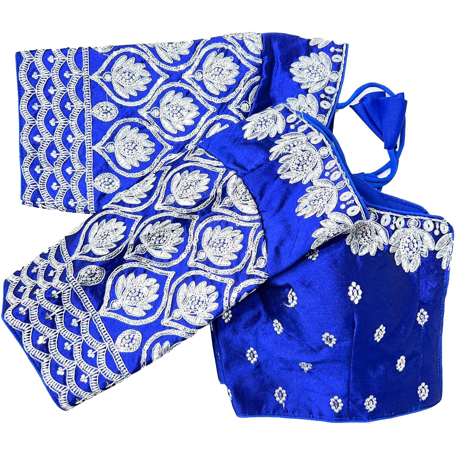 Pujia Mills Women's Silk Silver Embroidery Sequins Coding Work Half Sleeeve Readymade Saree Blouse (Gokul_Royal Blue_38)