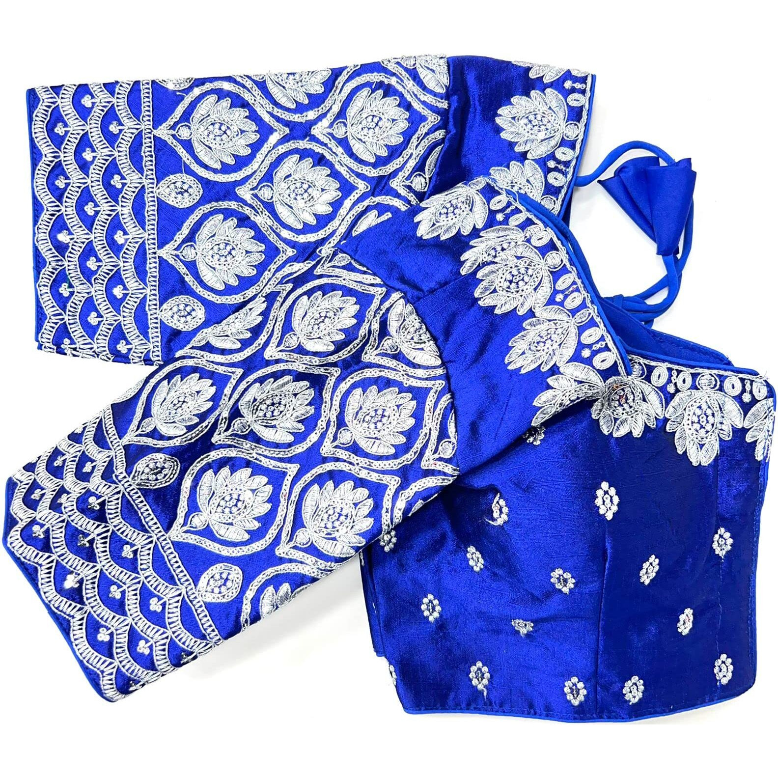 Pujia Mills Women's Silk Silver Embroidery Sequins Coding Work Half Sleeeve Readymade Saree Blouse (Gokul_Royal Blue_38)