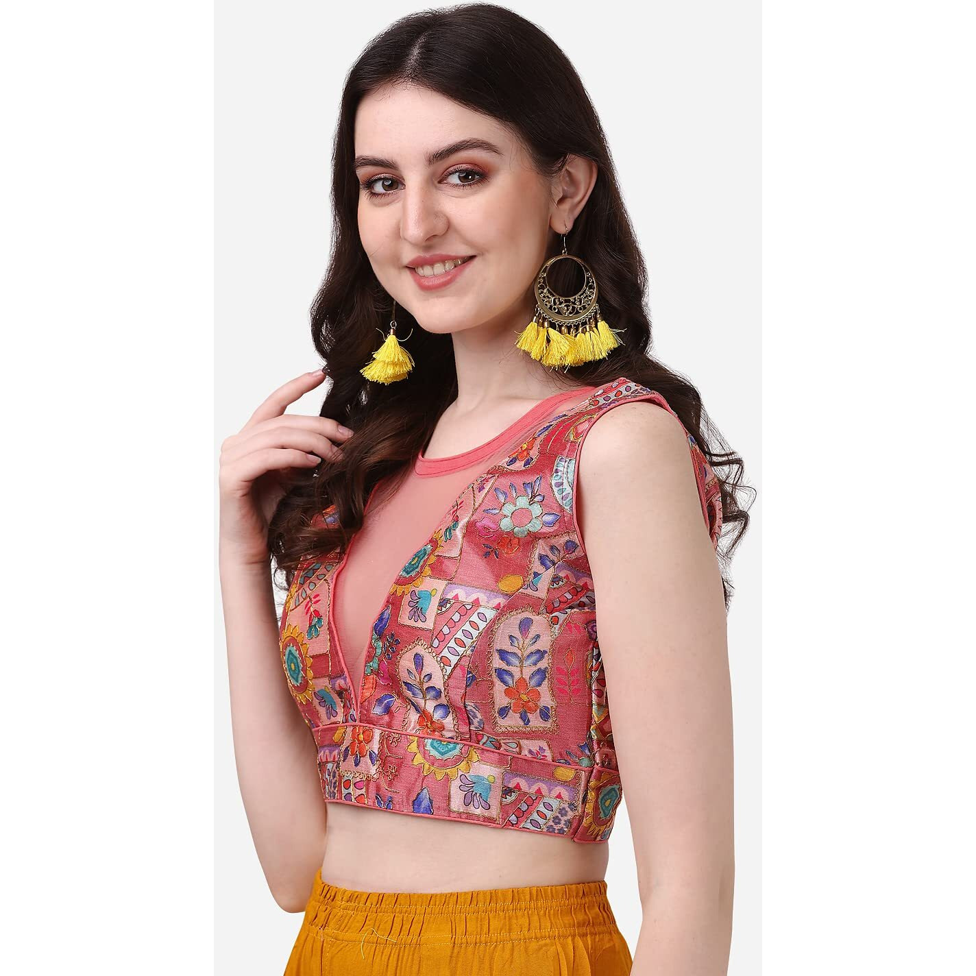 Pujia Mills Women's Phanotm Silk Floral Sleeveless Saree Blouse (Pp 4_Peach_38)