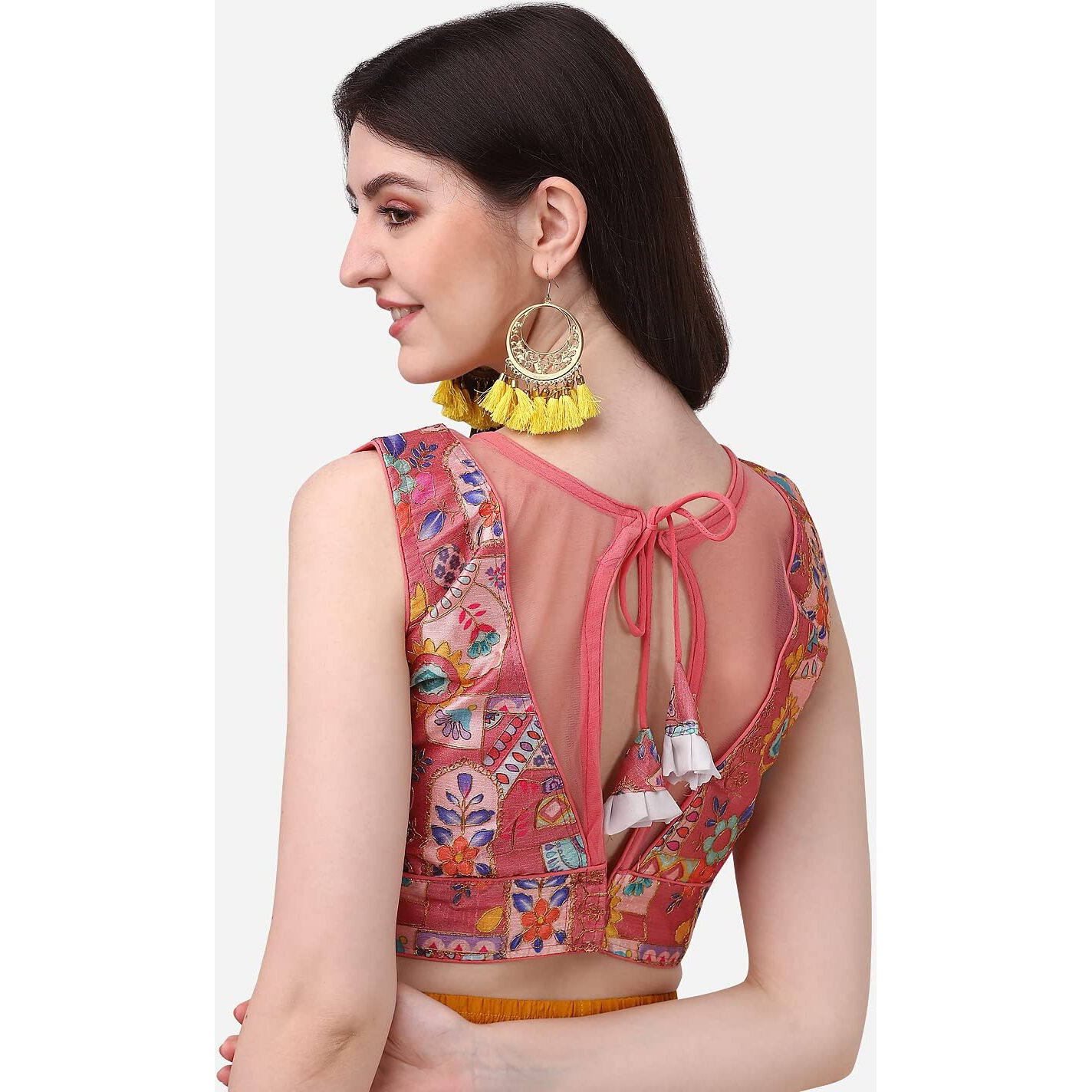 Pujia Mills Women's Phanotm Silk Floral Sleeveless Saree Blouse (Pp 4_Peach_38)