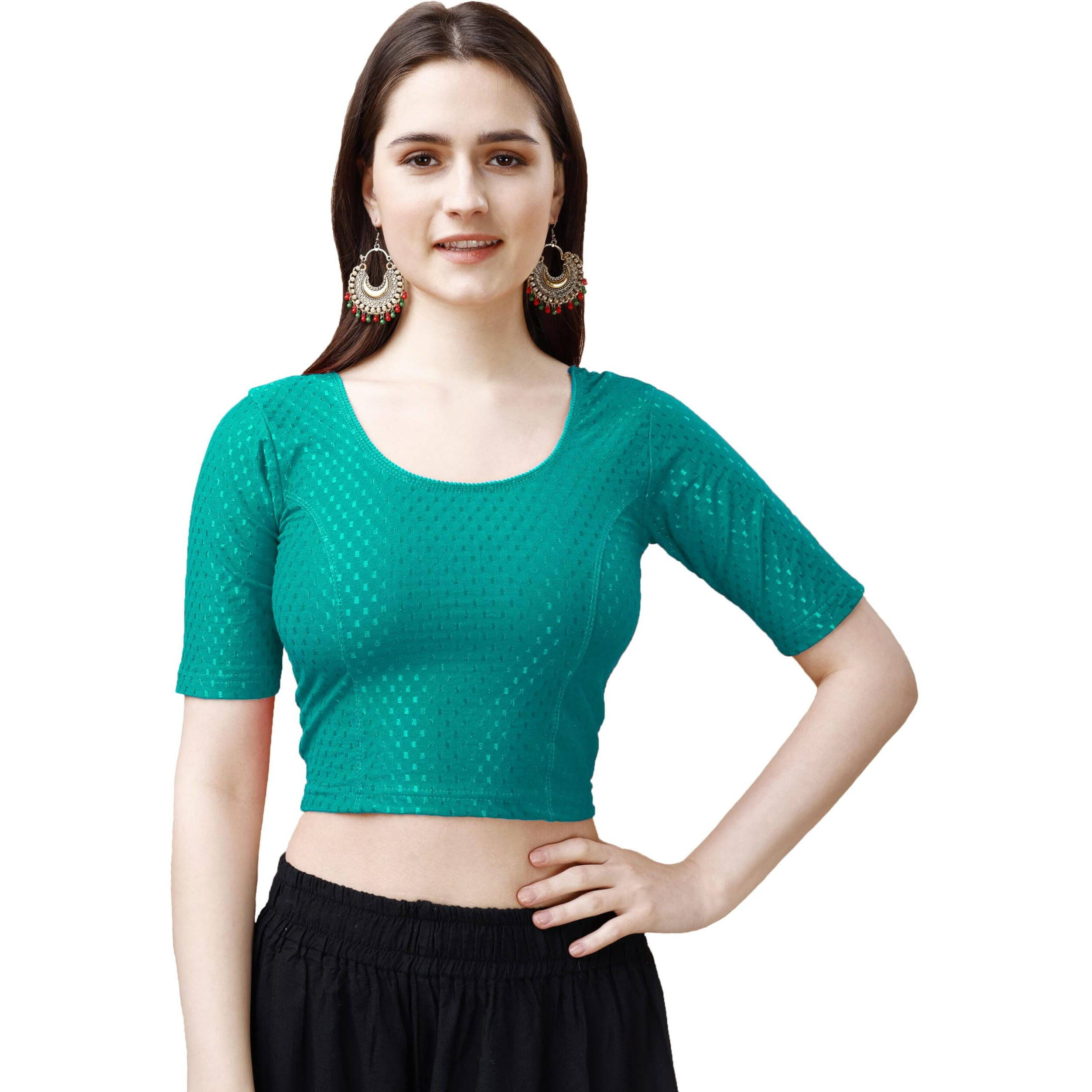 Pujia Mills Women's Readymade Dobby Cotton Lycra Stretchable Round Neck Half Sleeve Blouse Fancy Rama Color Lycra Stretchable Blouse For Women Stylish Readymade Saree Blouse