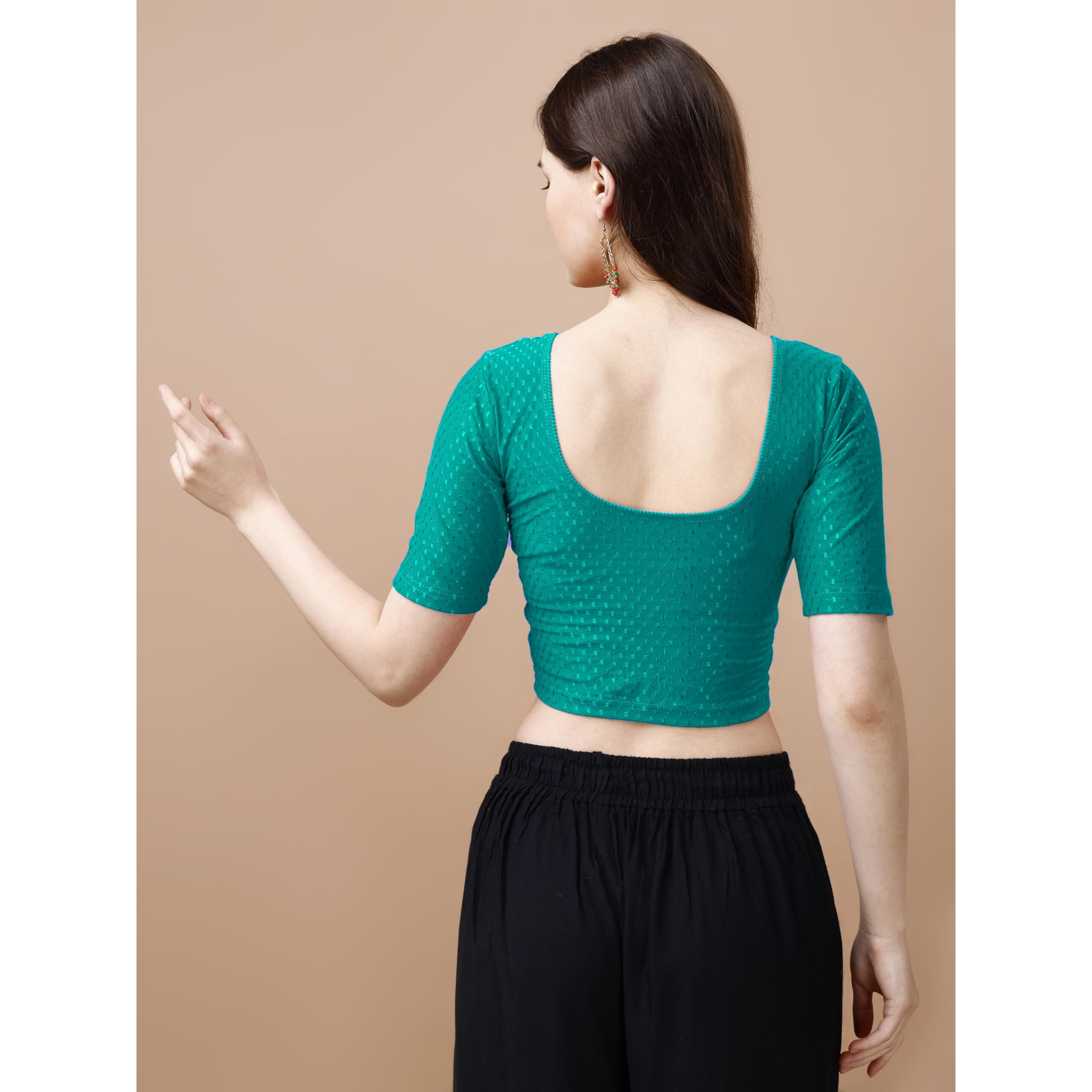 Pujia Mills Women's Readymade Dobby Cotton Lycra Stretchable Round Neck Half Sleeve Blouse Fancy Rama Color Lycra Stretchable Blouse For Women Stylish Readymade Saree Blouse