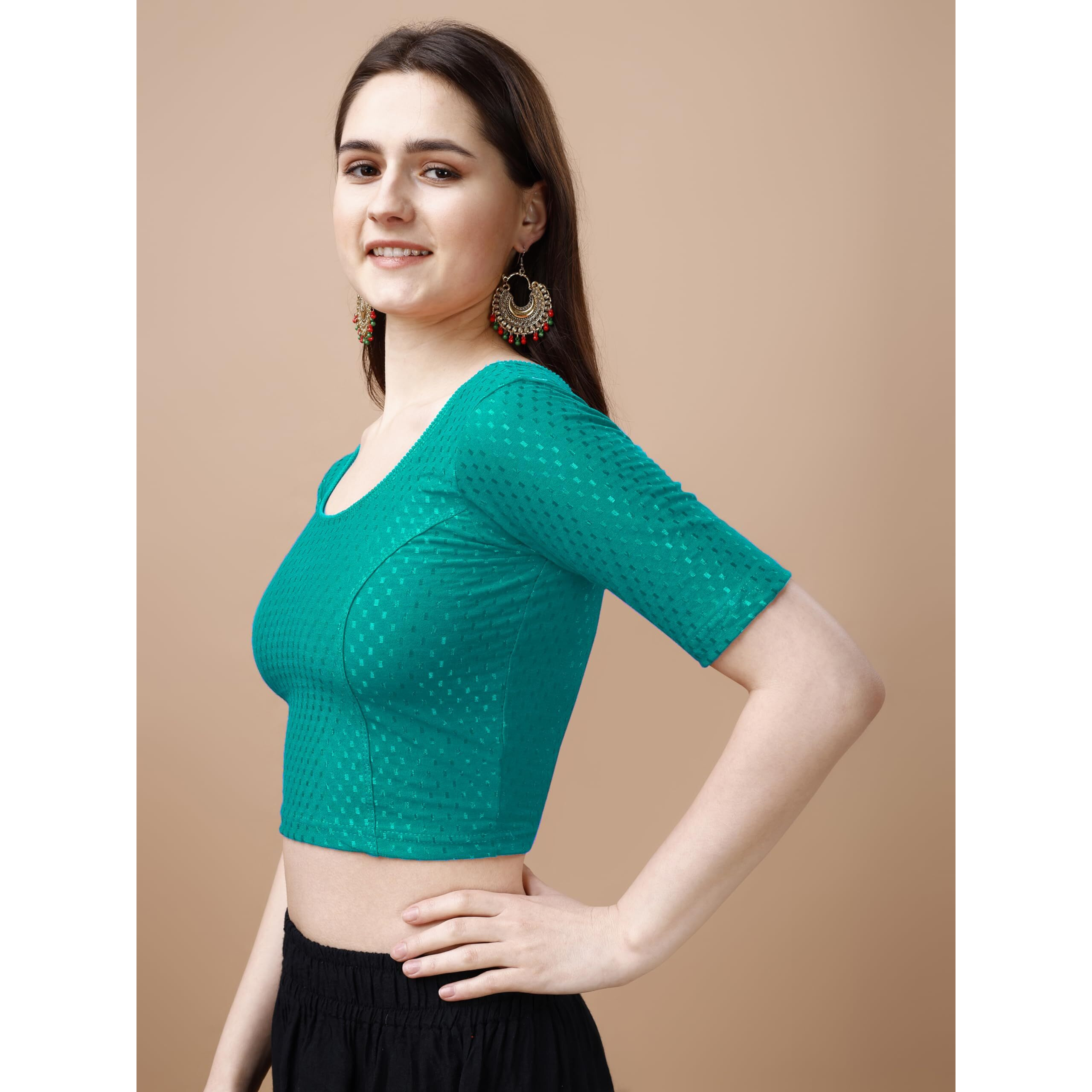 Pujia Mills Women's Readymade Dobby Cotton Lycra Stretchable Round Neck Half Sleeve Blouse Fancy Rama Color Lycra Stretchable Blouse For Women Stylish Readymade Saree Blouse