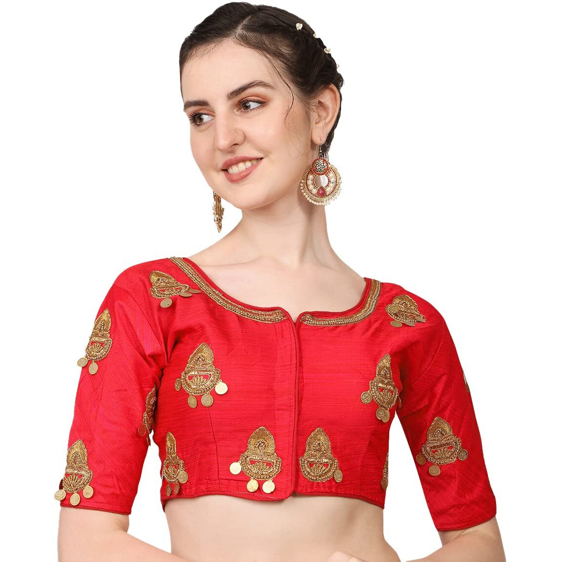 Pujia Mills Women's Silk Embroidery Maggam Lakshmi Coin Work Readymade Saree Blouse