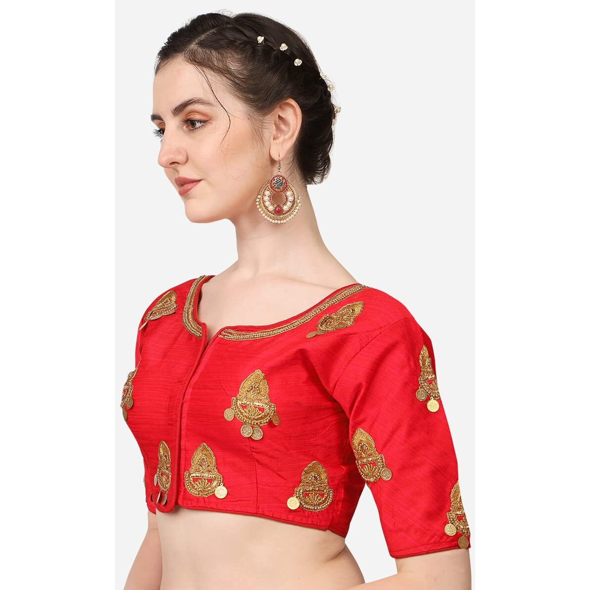 Pujia Mills Women's Silk Embroidery Maggam Lakshmi Coin Work Readymade Saree Blouse