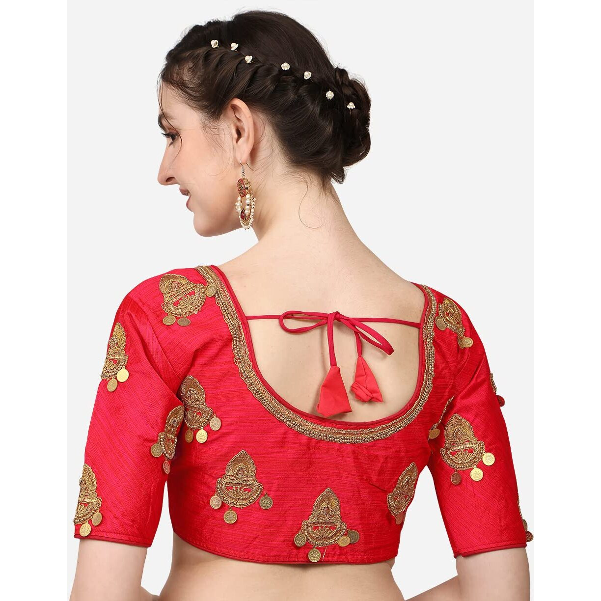 Pujia Mills Women's Silk Embroidery Maggam Lakshmi Coin Work Readymade Saree Blouse