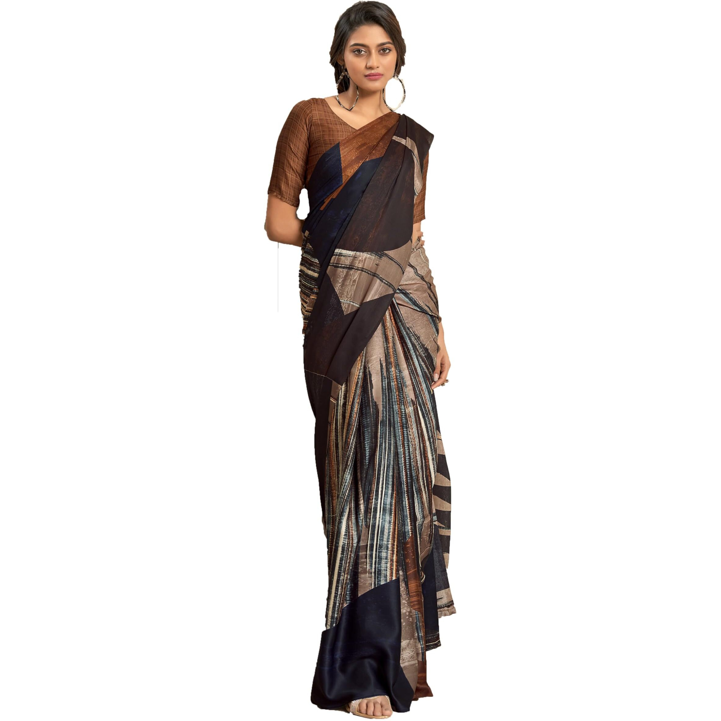Pujia Mills Woman Digital Print Satin Silk Sadi Indian Ethnic Wear Printed Saree With Unstitch Blouse Regular Print Sadi Simple Digital Print Sadi Lavender Gray Multicolor Saree