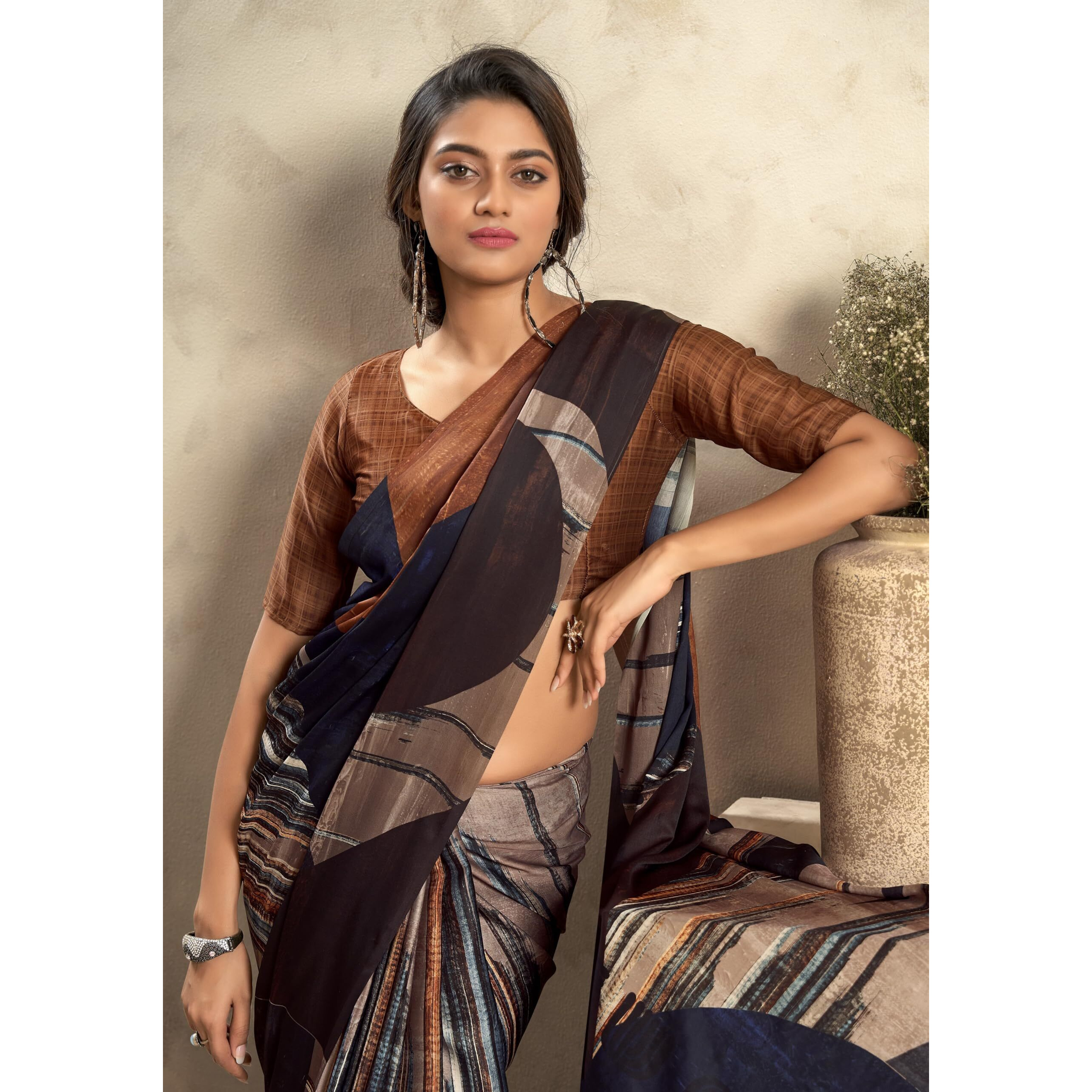 Pujia Mills Woman Digital Print Satin Silk Sadi Indian Ethnic Wear Printed Saree With Unstitch Blouse Regular Print Sadi Simple Digital Print Sadi Lavender Gray Multicolor Saree