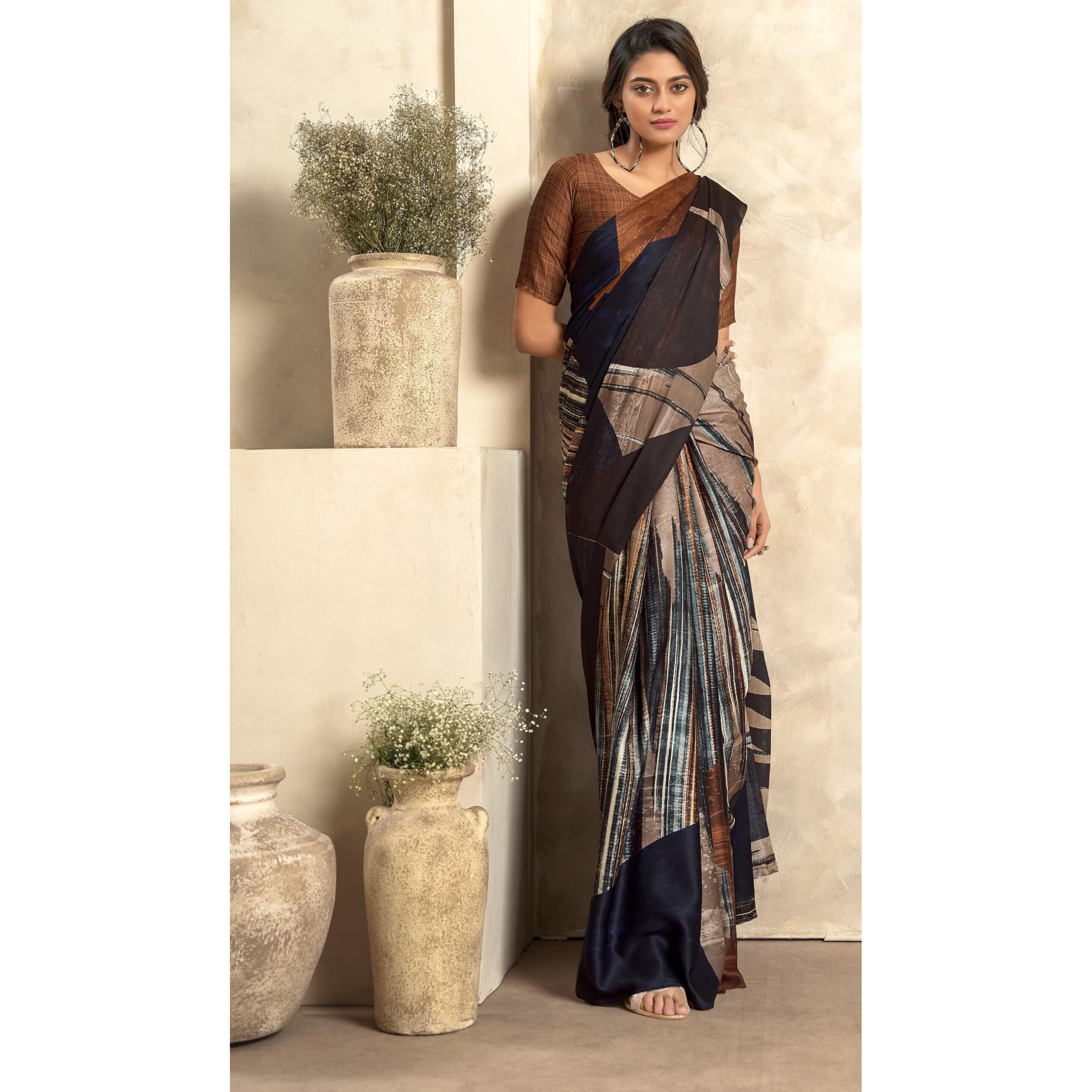 Pujia Mills Woman Digital Print Satin Silk Sadi Indian Ethnic Wear Printed Saree With Unstitch Blouse Regular Print Sadi Simple Digital Print Sadi Lavender Gray Multicolor Saree