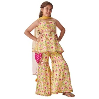 Pspeaches Girl's Cotton Sharara Set (Sha-Yellowmgjaal-10-12Y_Yellow