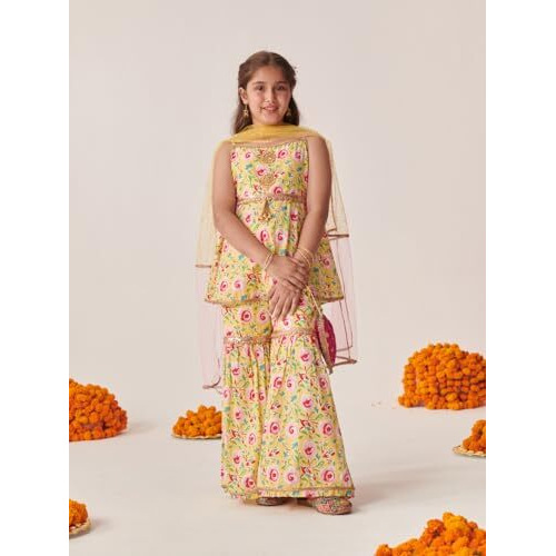 Pspeaches Girl's Cotton Sharara Set (Sha-Yellowmgjaal-10-12Y_Yellow