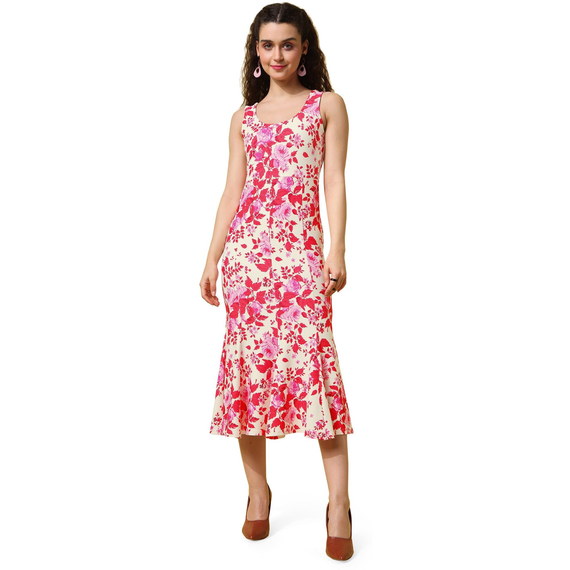 Purvaja Womens Mermaid Midi Length Dress (Wini-027-Rosie_Red_Small)