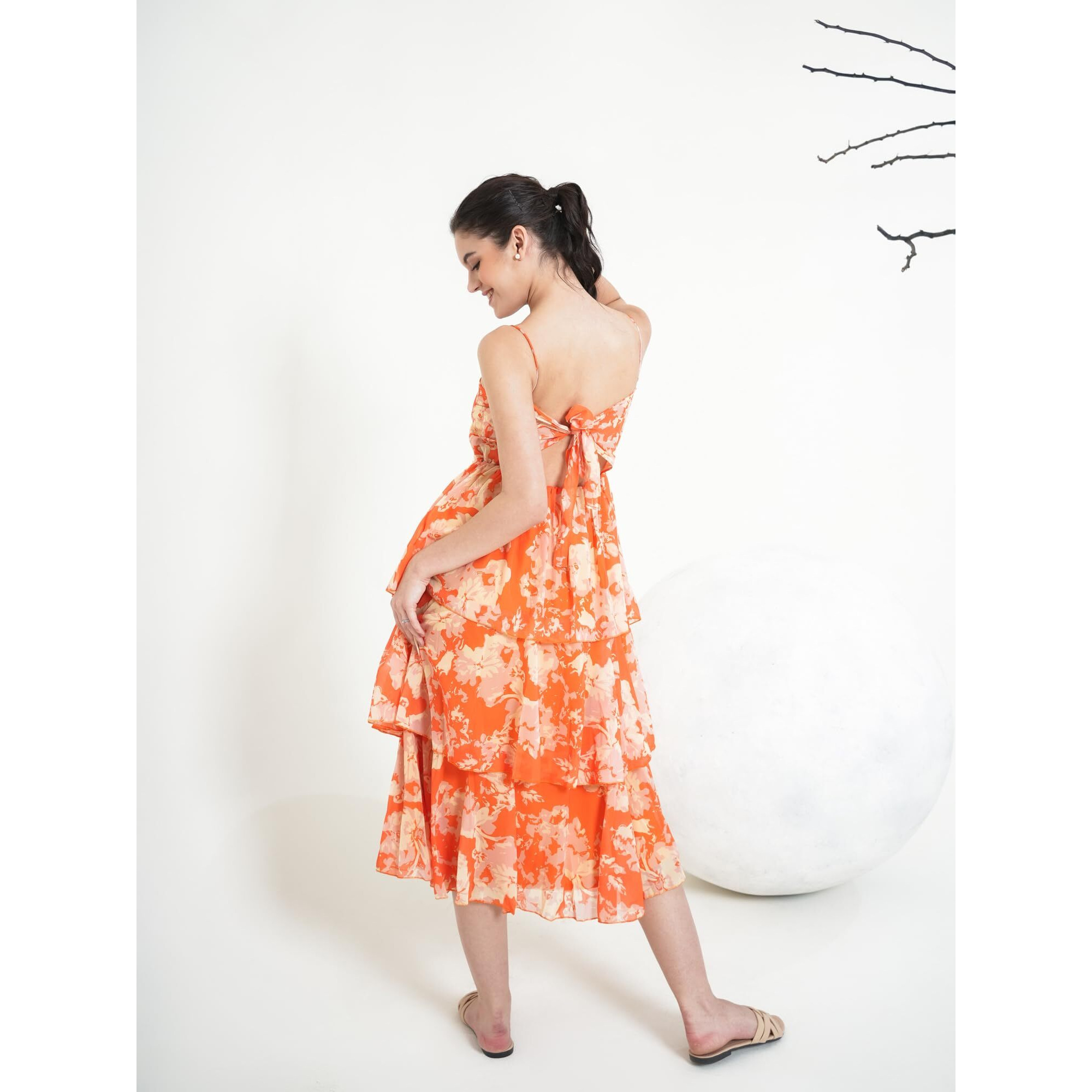 Purvaja Womens Layered Below Knee Length Dress (Floe-024_Orange_X-Large)