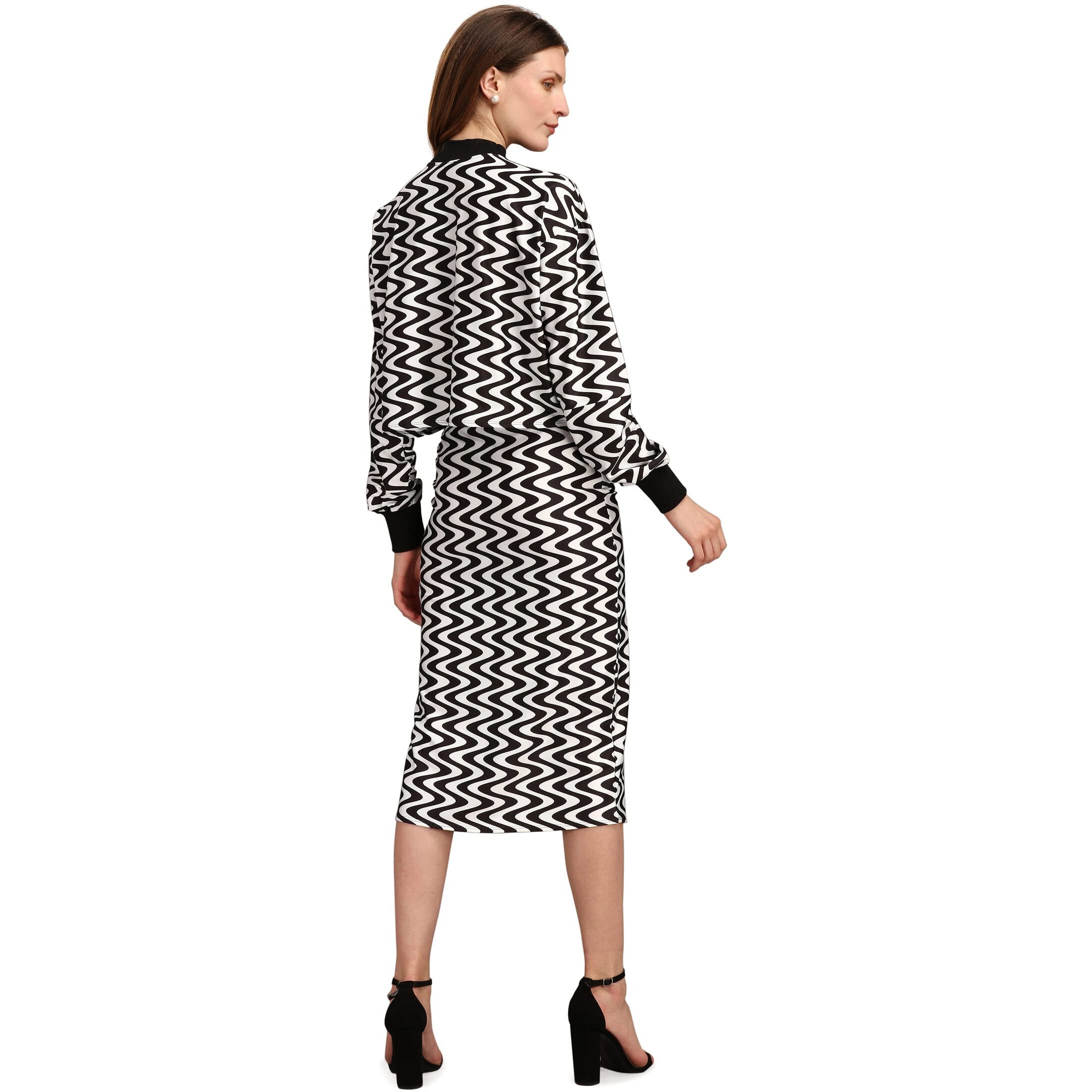 Purvaja Women's Polyester Blend Cocktail Midi Dress (Maxi-029-Waves-Xl_Black