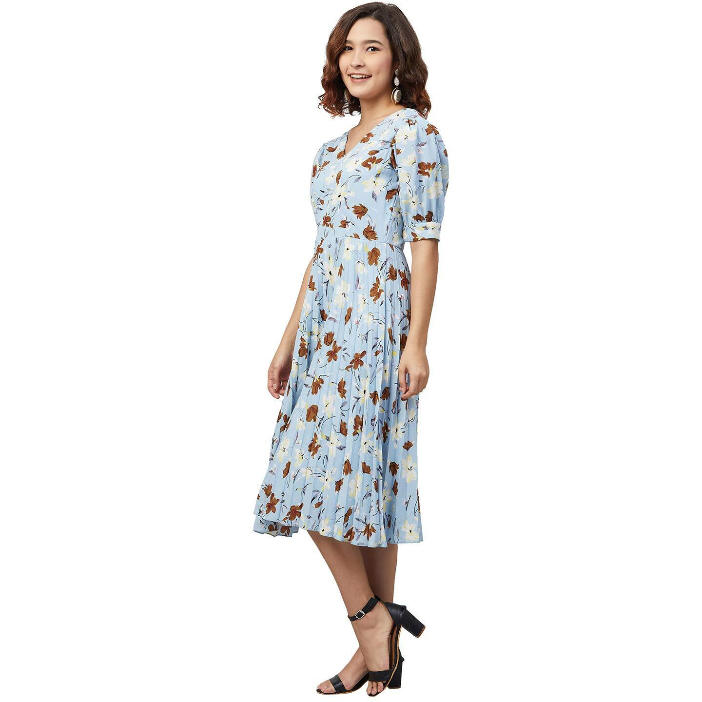 Rare Women's Crepe Fit And Flare Midi Casual Dress (Ep7012_Skyblue_Large)