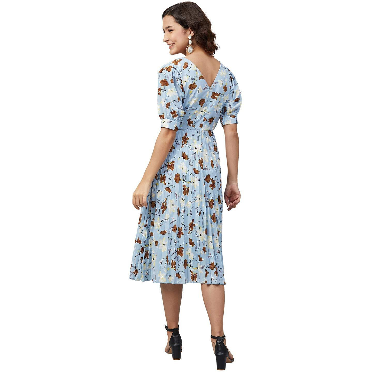 Rare Women's Crepe Fit And Flare Midi Casual Dress (Ep7012_Skyblue_Large)