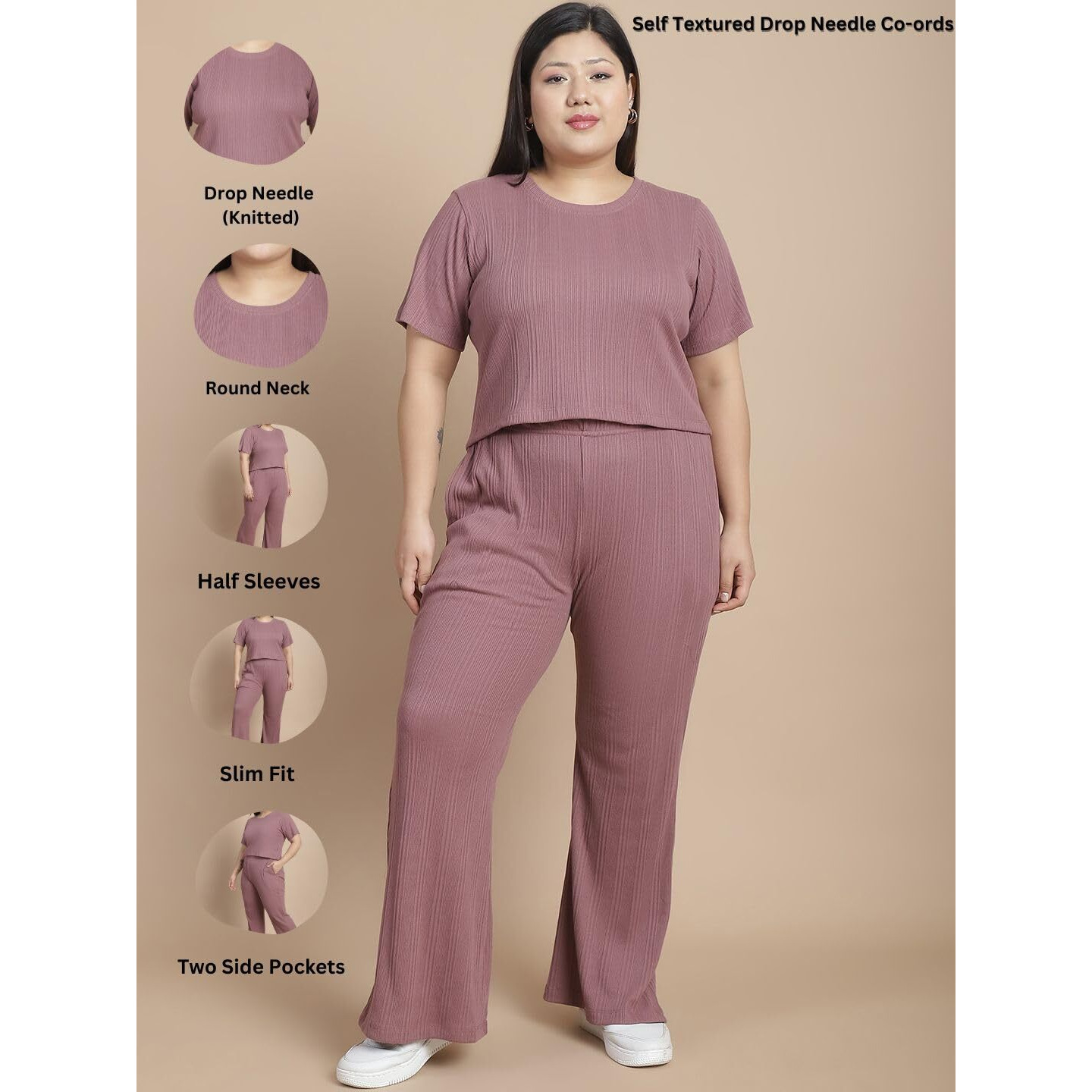Rigo Plus Size Co-Ord Set For Women | Round Neck, Slim Fit Tracksuit Co-Ords Set For Women | Stylish Dresses For Women | Casual Wear, Beach Wear, Vacation Wear Outfit For Women Mauve