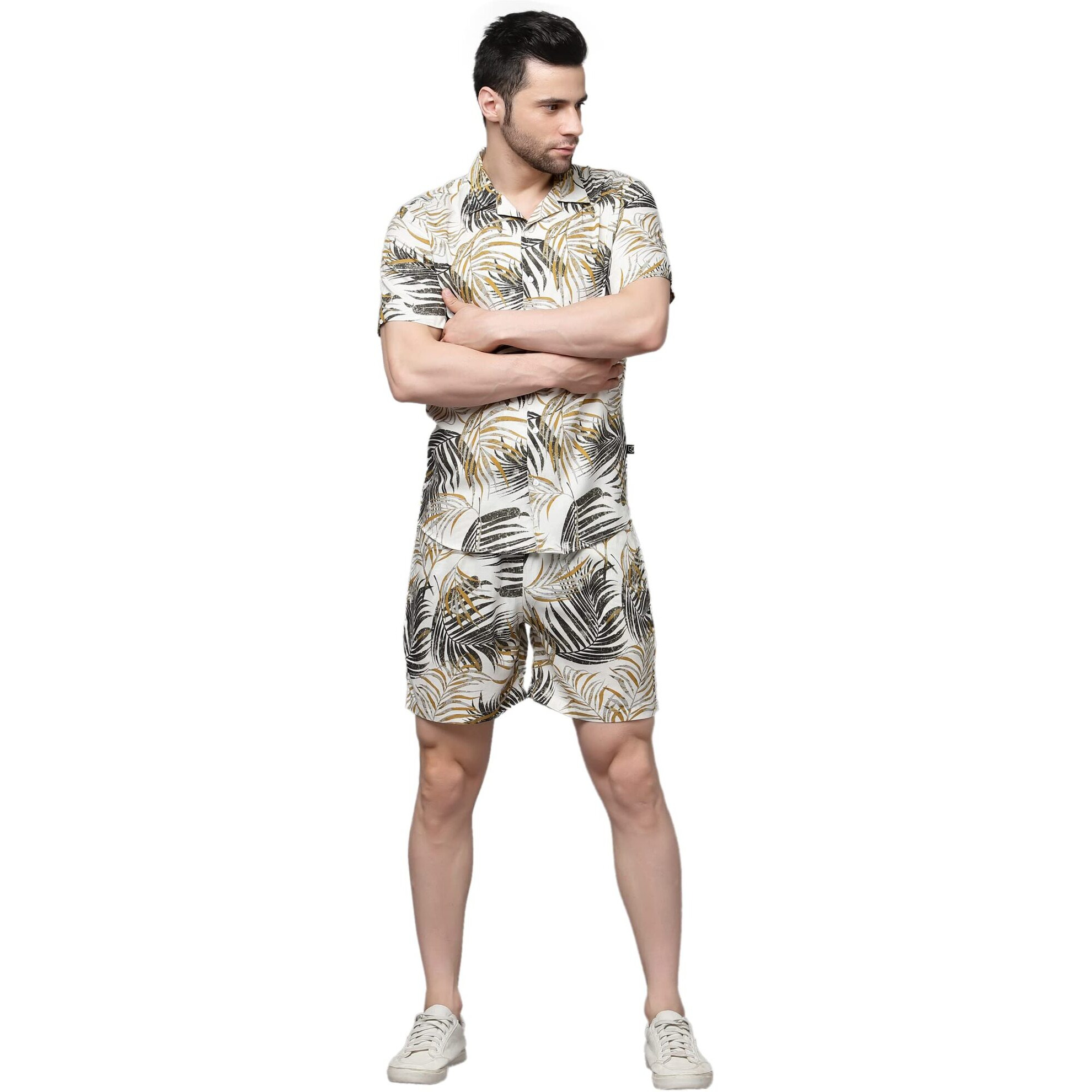 Rigo Printed Co-Ord Set For Men's | Casual Shirt & Shorts Night Suit Set | Lounge-Wear Nightdress Pajama Set For Men's | Night Wear, Beach Wear, Vacation Wear Outfit White
