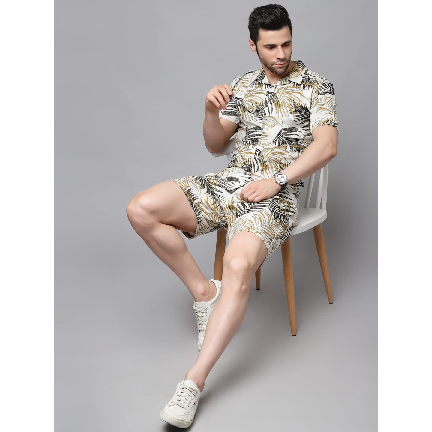 Rigo Printed Co-Ord Set For Men's | Casual Shirt & Shorts Night Suit Set | Lounge-Wear Nightdress Pajama Set For Men's | Night Wear, Beach Wear, Vacation Wear Outfit White