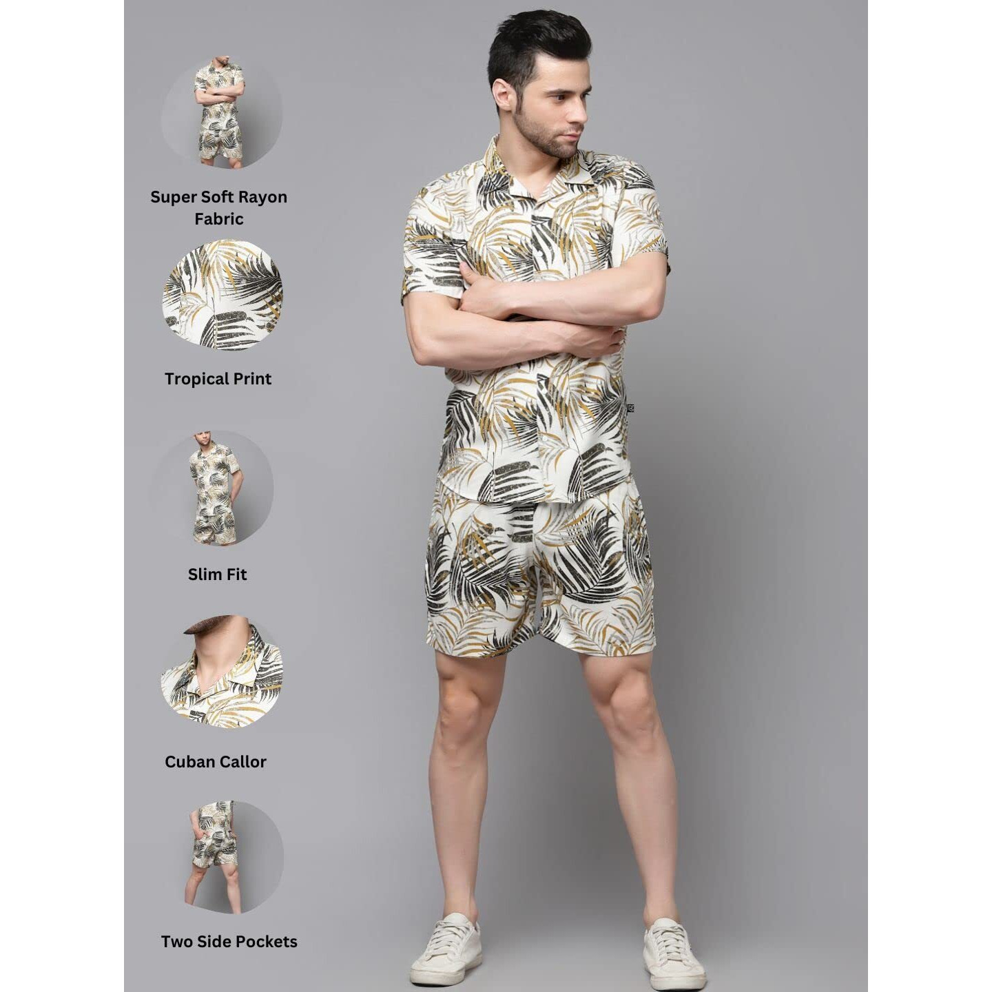 Rigo Printed Co-Ord Set For Men's | Casual Shirt & Shorts Night Suit Set | Lounge-Wear Nightdress Pajama Set For Men's | Night Wear, Beach Wear, Vacation Wear Outfit White