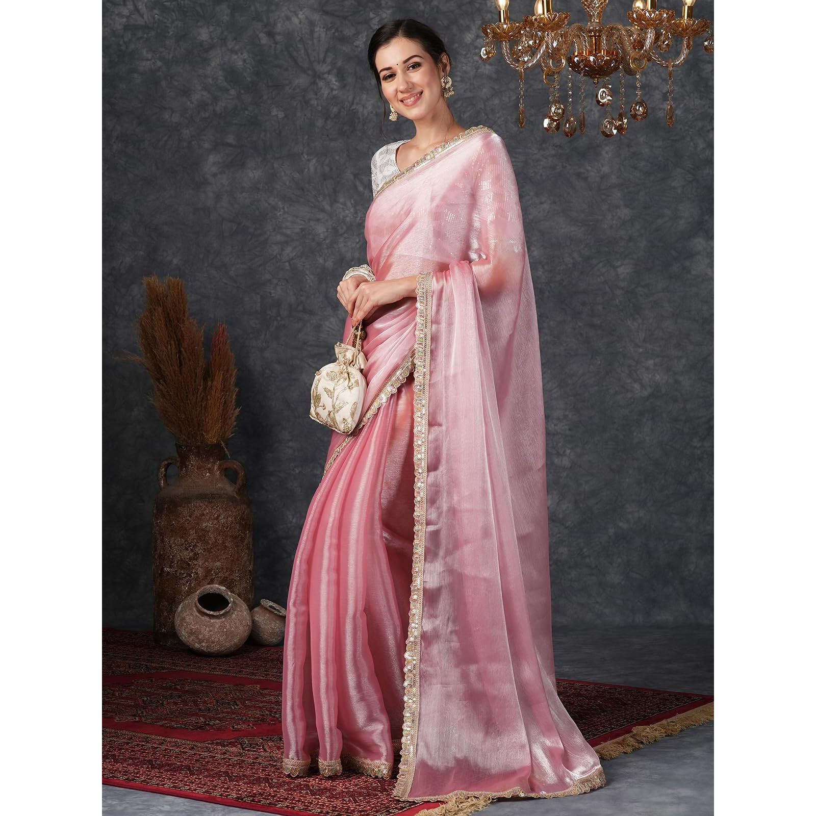 Satrani Women's Shimmer Chiffon Dual Tone Lace Work Jimmy Choo Saree With Unstitched Blouse Piece (3799S284N_Rose Pink)
