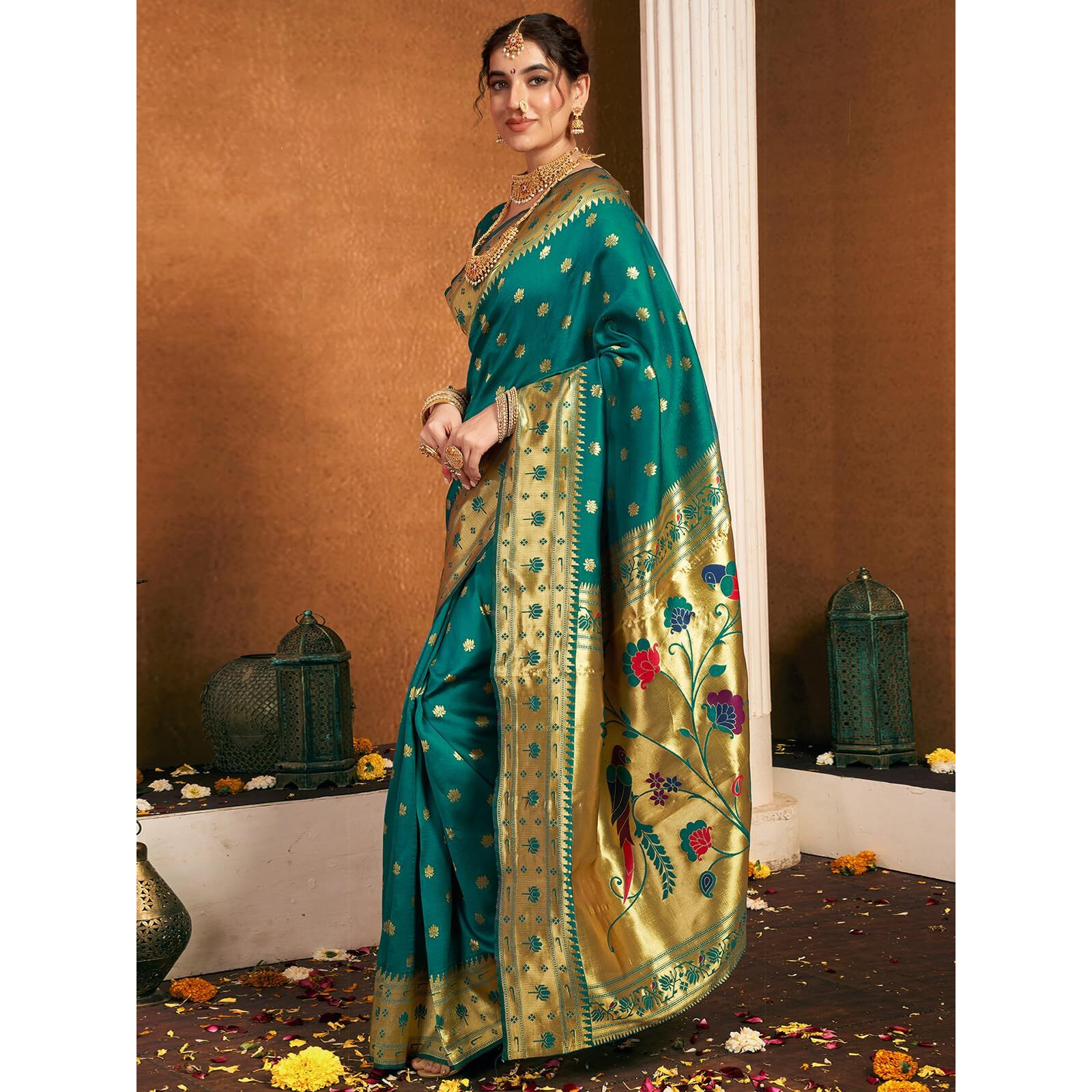 Satrani Women's Silk Paithani Jacquard Weaving Saree With Unstitched Blouse Piece (4046S6299N_Teal Green)